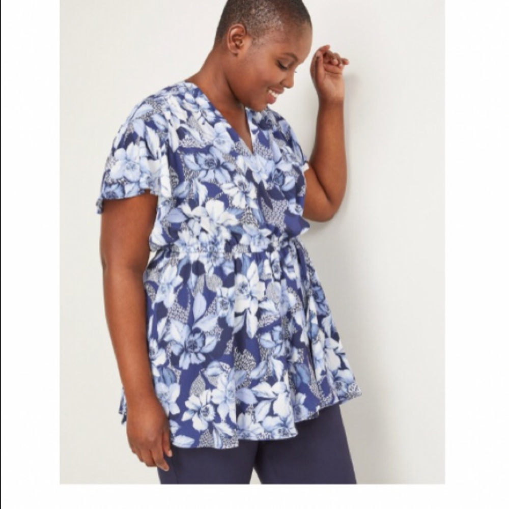 Lane Bryant printed faux wraparound blouse.
